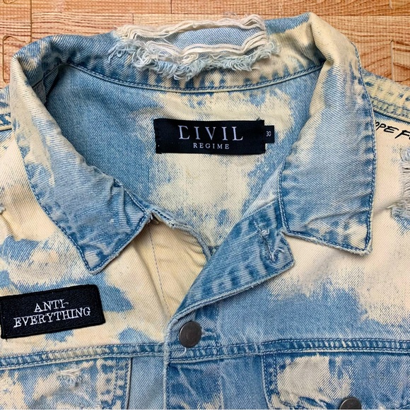 Civil Regime Denim Jacket Patches Thrashed Size 30 Faded Blue Jean Grunge Punk - Picture 2 of 11
